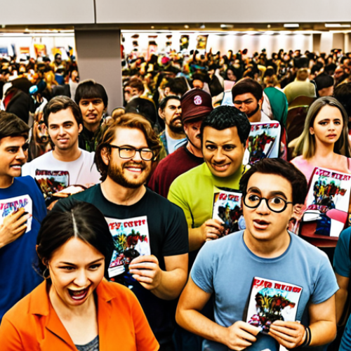 Home 4 **
A vibrant, bustling comic convention scene. Fans are eagerly lined up, clutching limited-edition posters, their faces reflecting excitement and anticipation. Focus on capturing the "thrill of the chase" and the community aspect of acquiring rare merchandise. The style should be dynamic and energetic.
**