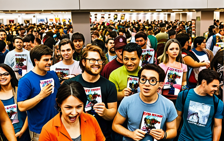 **
A vibrant, bustling comic convention scene. Fans are eagerly lined up, clutching limited-edition posters, their faces reflecting excitement and anticipation. Focus on capturing the "thrill of the chase" and the community aspect of acquiring rare merchandise. The style should be dynamic and energetic.
**