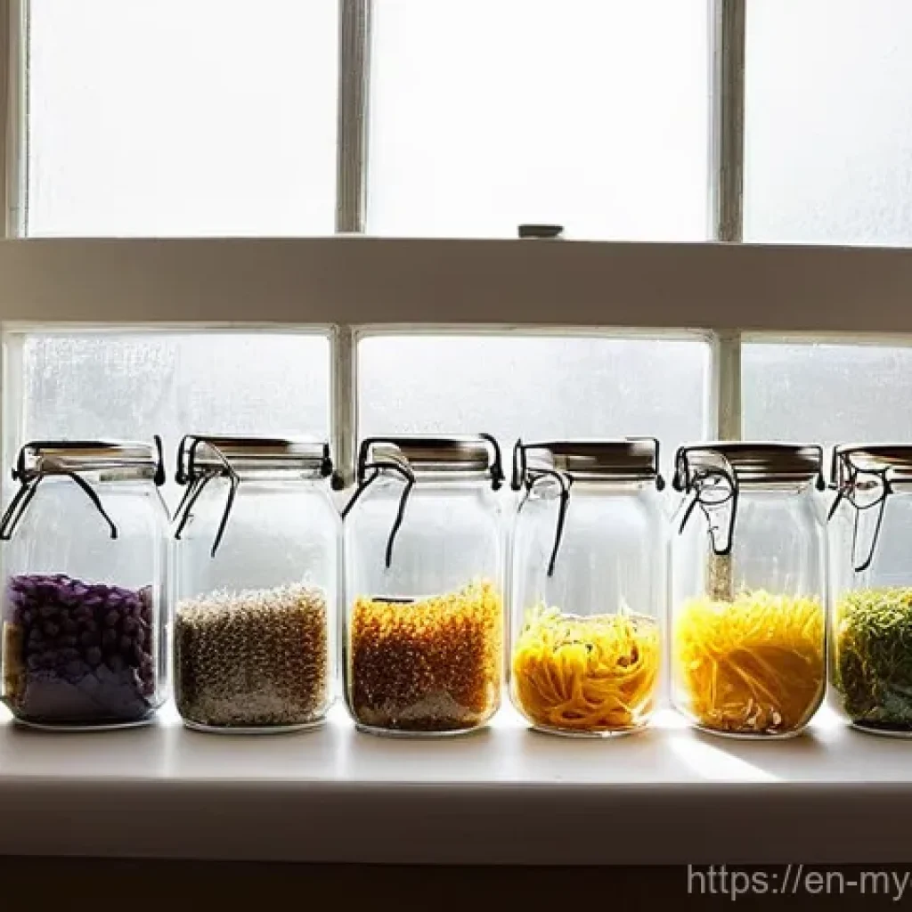 친환경 굿즈 제작 방법 - **Prompt:** A cozy, naturally lit kitchen corner or craft space, showcasing various upcycled glass j...