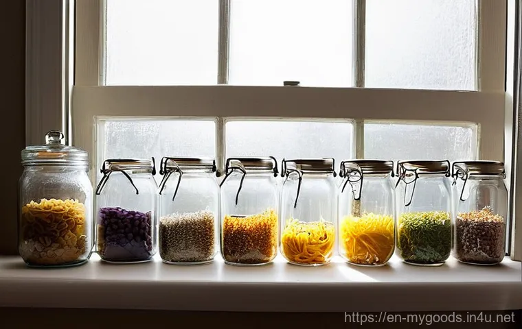 친환경 굿즈 제작 방법 - **Prompt:** A cozy, naturally lit kitchen corner or craft space, showcasing various upcycled glass j...