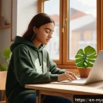 나만의 굿즈 성공 사례 - A cozy indie artist’s studio scene featuring a young creator designing eco-conscious apparel with su...