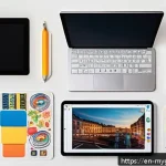 나만의 스티커 디자인 꿀팁 - A vibrant and trendy sticker design workspace scene featuring a modern artist&rsquo;s desk with a high-res...